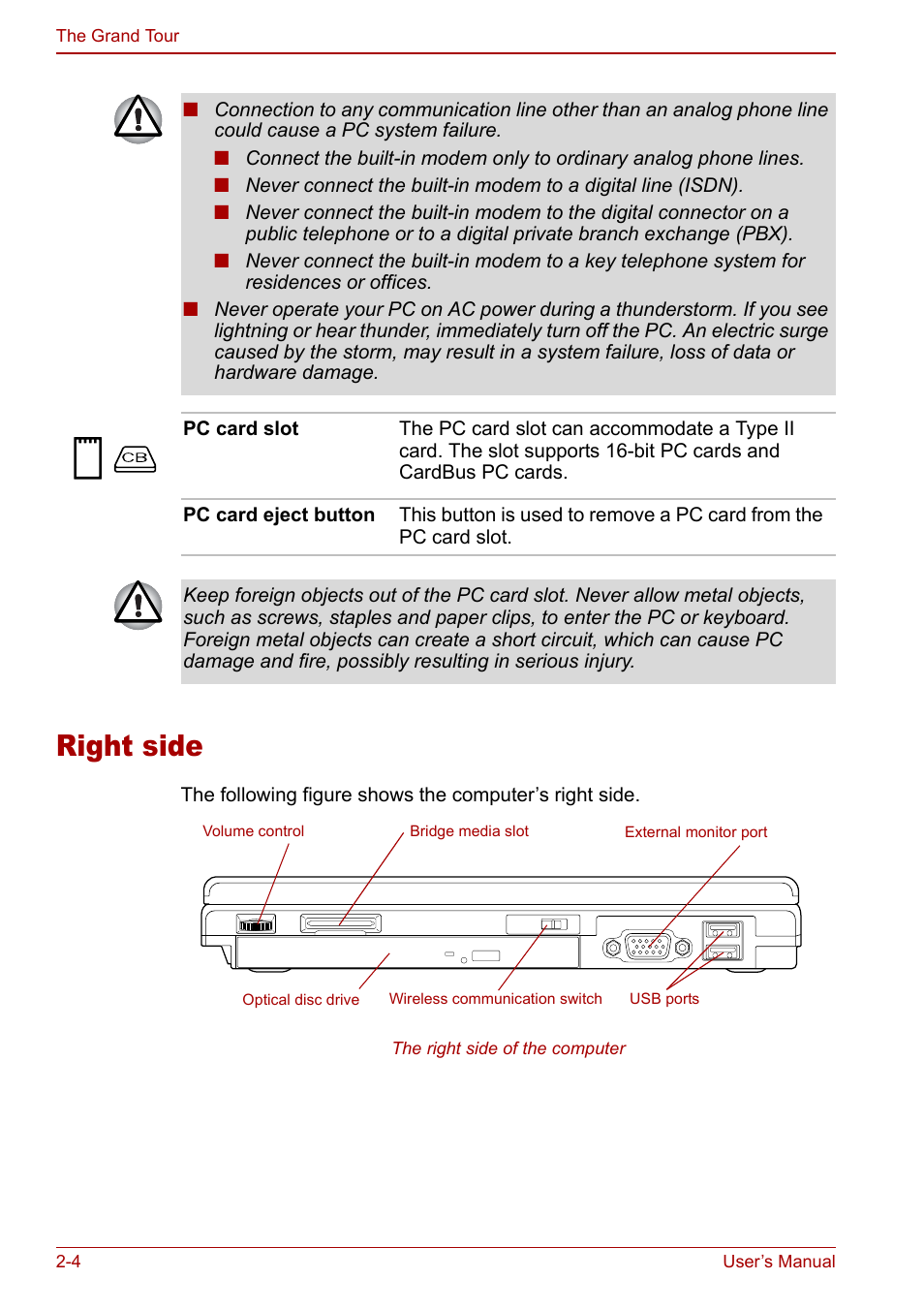 Right side, Right side -4 | Toshiba Satellite Pro U200 User Manual | Page 42 / 236