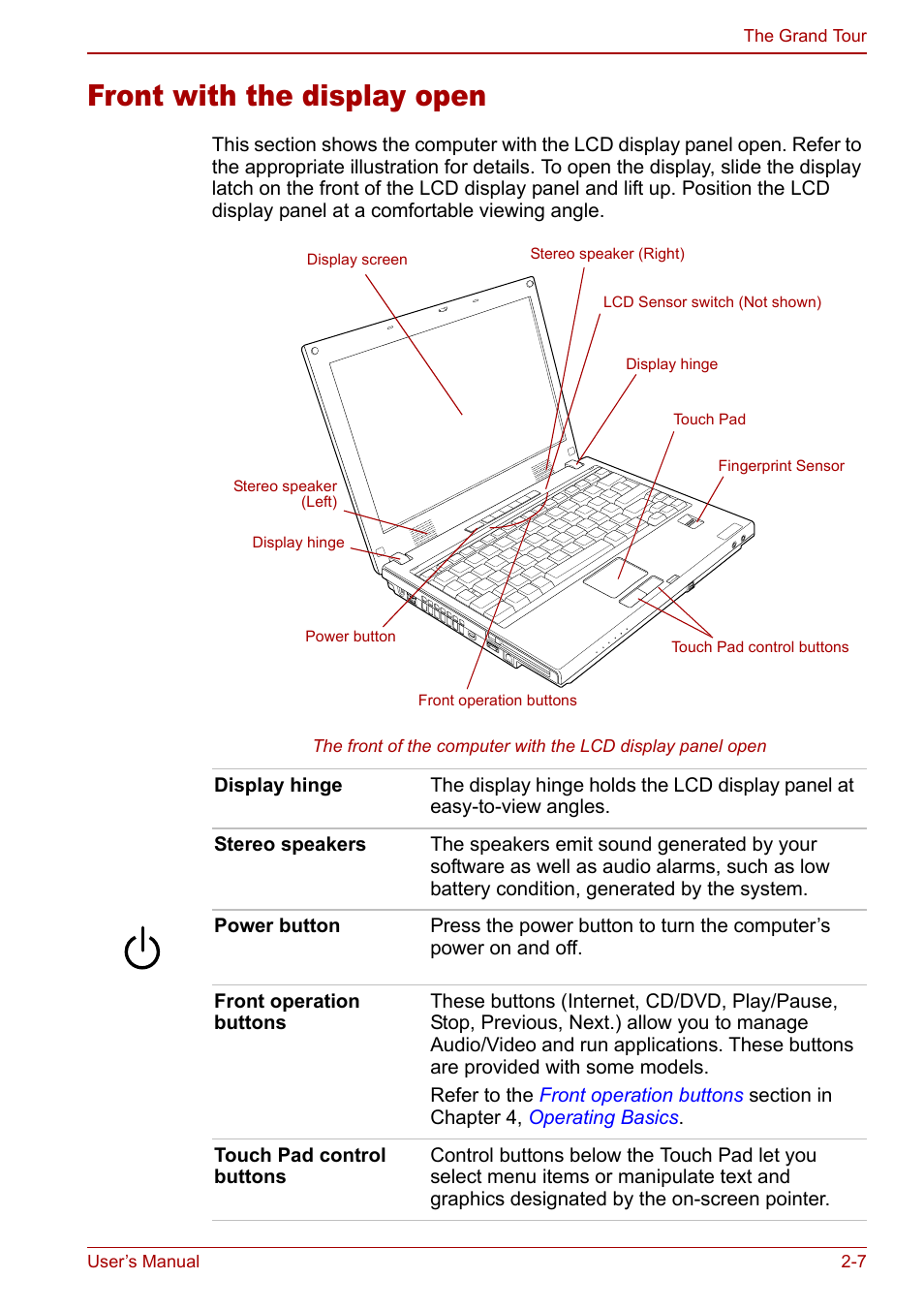 Front with the display open, Front with the display open -7 | Toshiba Satellite Pro U200 User Manual | Page 45 / 236