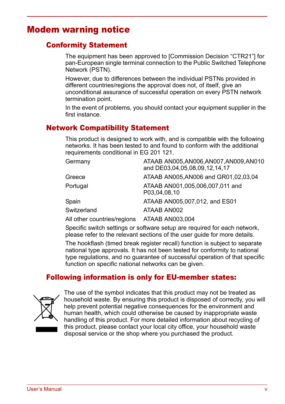 Modem warning notice, Conformity statement, Network compatibility statement | Following information is only for eu-member states | Toshiba Satellite Pro U200 User Manual | Page 5 / 236