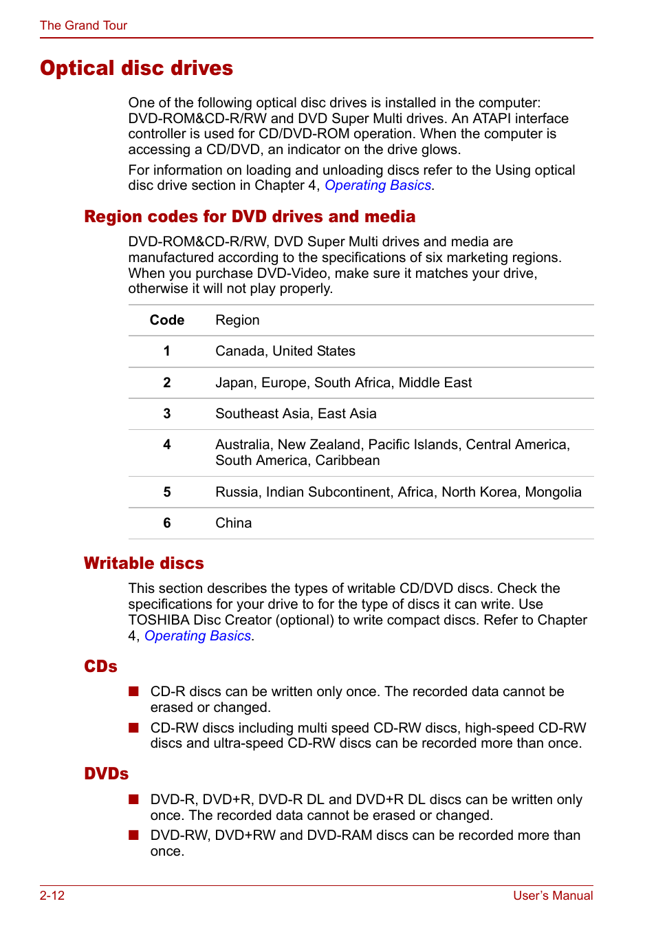 Optical disc drives, Optical disc drives -12, Region codes for dvd drives and media | Writable discs, Dvds | Toshiba Satellite Pro U200 User Manual | Page 50 / 236