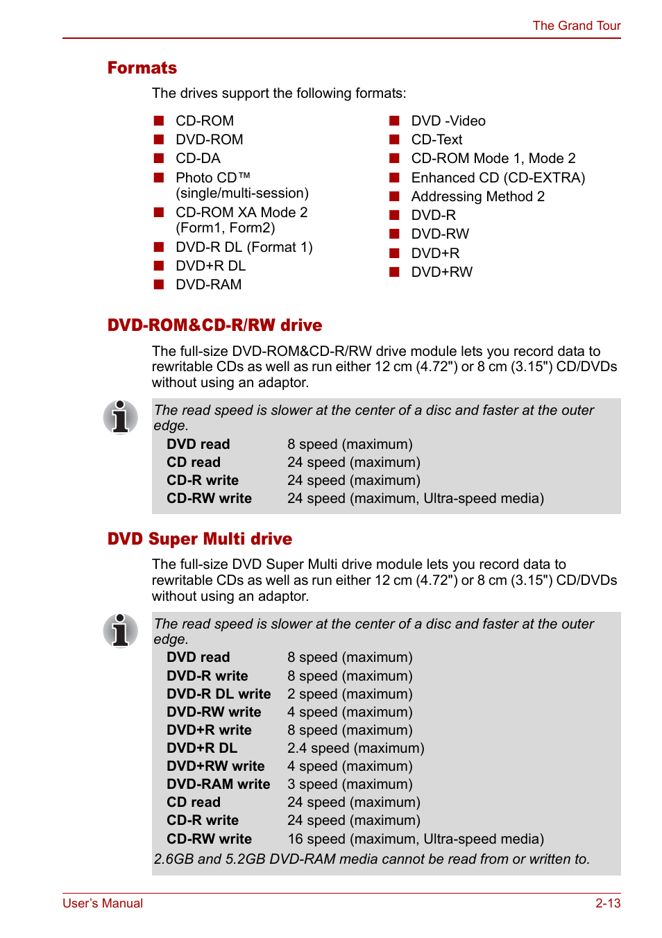 Formats, Dvd-rom&cd-r/rw drive, Dvd super multi drive | Toshiba Satellite Pro U200 User Manual | Page 51 / 236