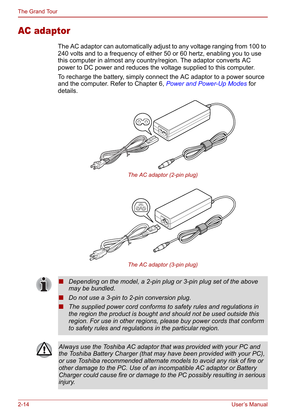 Ac adaptor, Ac adaptor -14, To the | Toshiba Satellite Pro U200 User Manual | Page 52 / 236