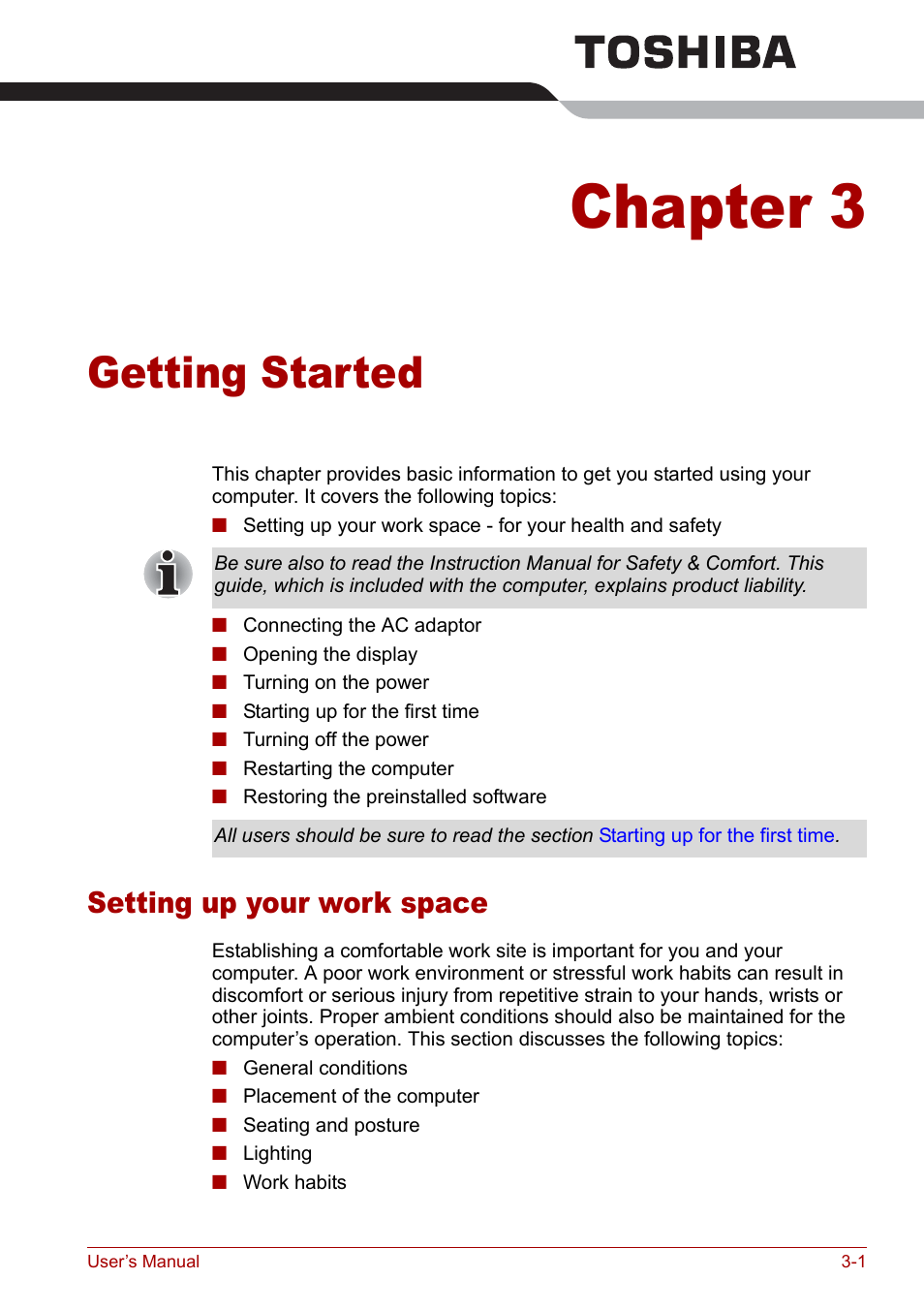 Chapter 3 - getting started, Setting up your work space, Chapter 3 | Getting started, Setting up your work space -1 | Toshiba Satellite Pro U200 User Manual | Page 53 / 236