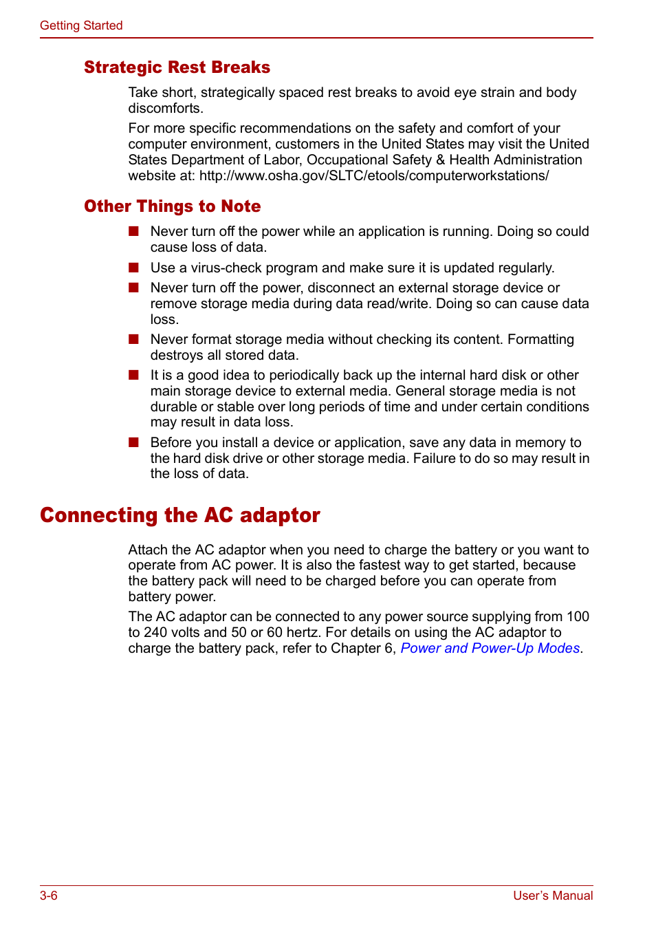 Connecting the ac adaptor, Connecting the ac adaptor -6, Strategic rest breaks | Toshiba Satellite Pro U200 User Manual | Page 58 / 236