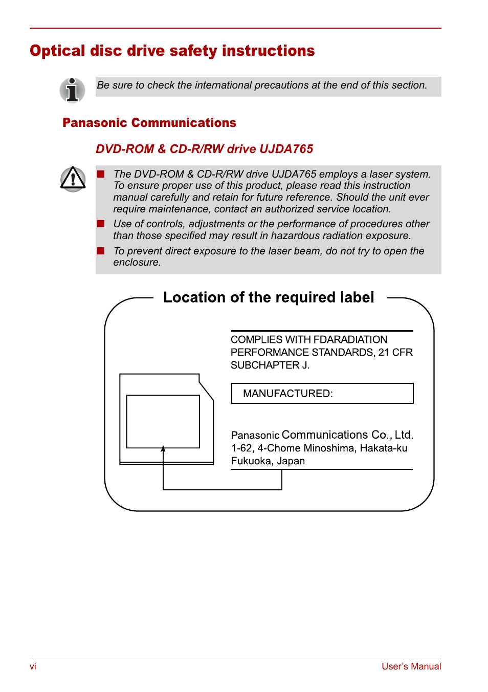 Optical disc drive safety instructions | Toshiba Satellite Pro U200 User Manual | Page 6 / 236