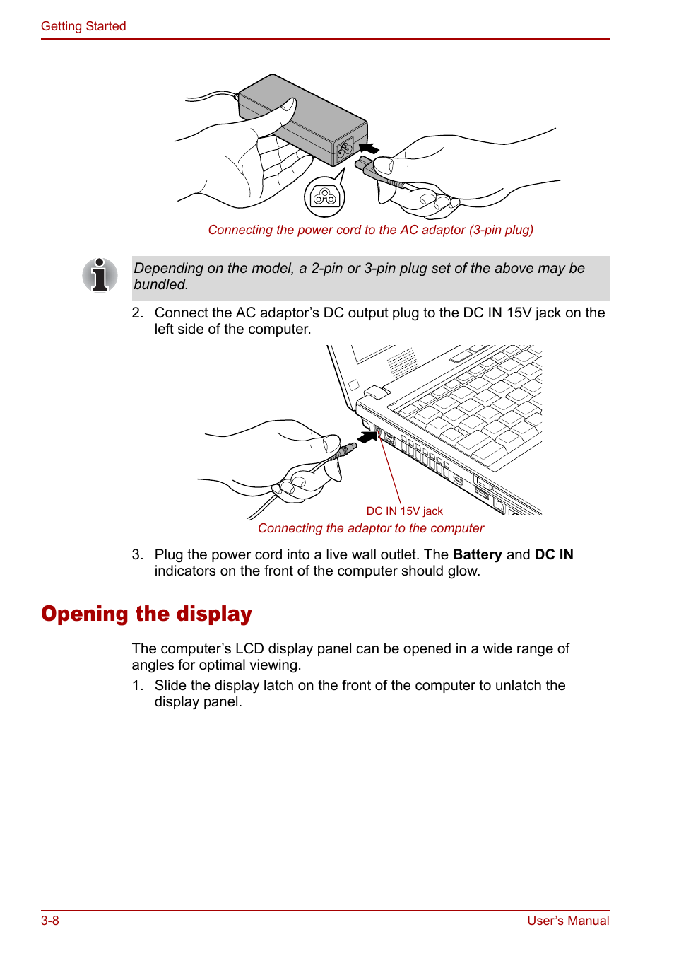 Opening the display, Opening the display -8 | Toshiba Satellite Pro U200 User Manual | Page 60 / 236