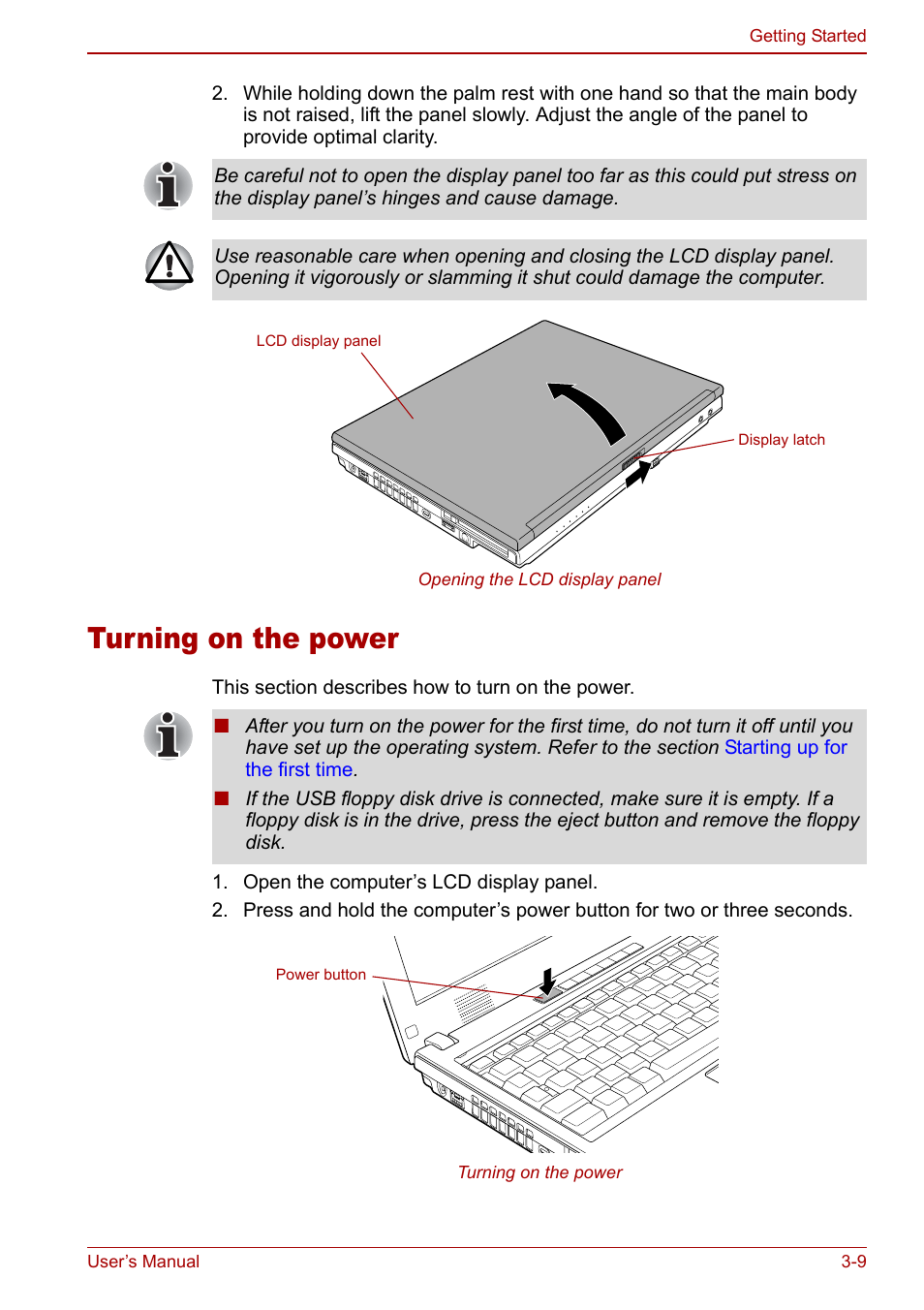 Turning on the power, Turning on the power -9 | Toshiba Satellite Pro U200 User Manual | Page 61 / 236