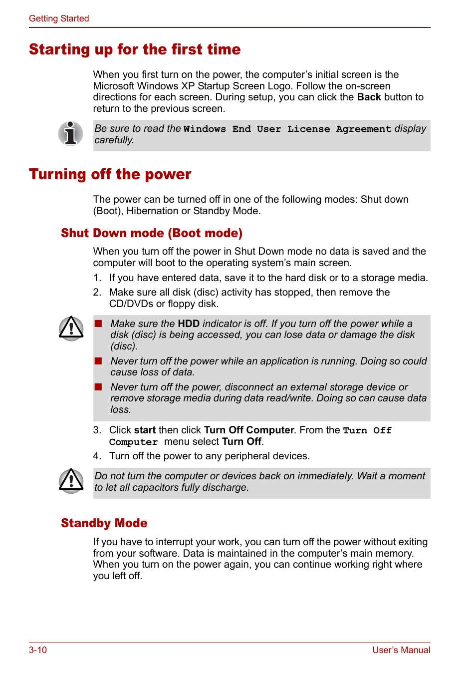 Starting up for the first time, Turning off the power, Sectio | Refer to the section, Starting up for, The first time | Toshiba Satellite Pro U200 User Manual | Page 62 / 236