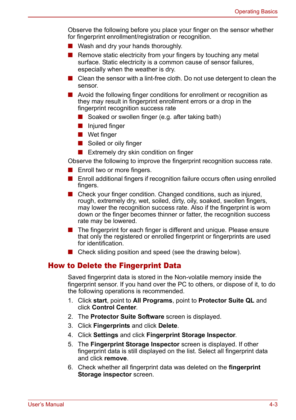How to delete the fingerprint data | Toshiba Satellite Pro U200 User Manual | Page 71 / 236