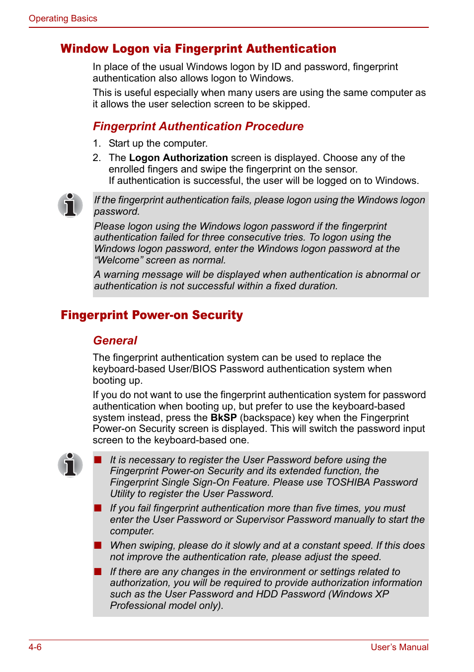 Window logon via fingerprint authentication, Fingerprint power-on security | Toshiba Satellite Pro U200 User Manual | Page 74 / 236