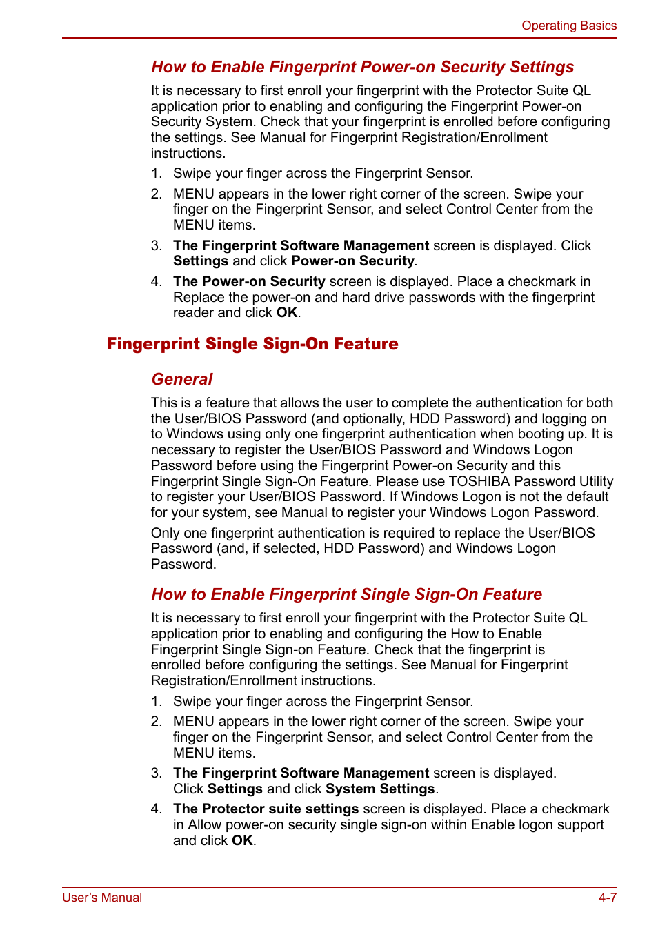 Fingerprint single sign-on feature | Toshiba Satellite Pro U200 User Manual | Page 75 / 236