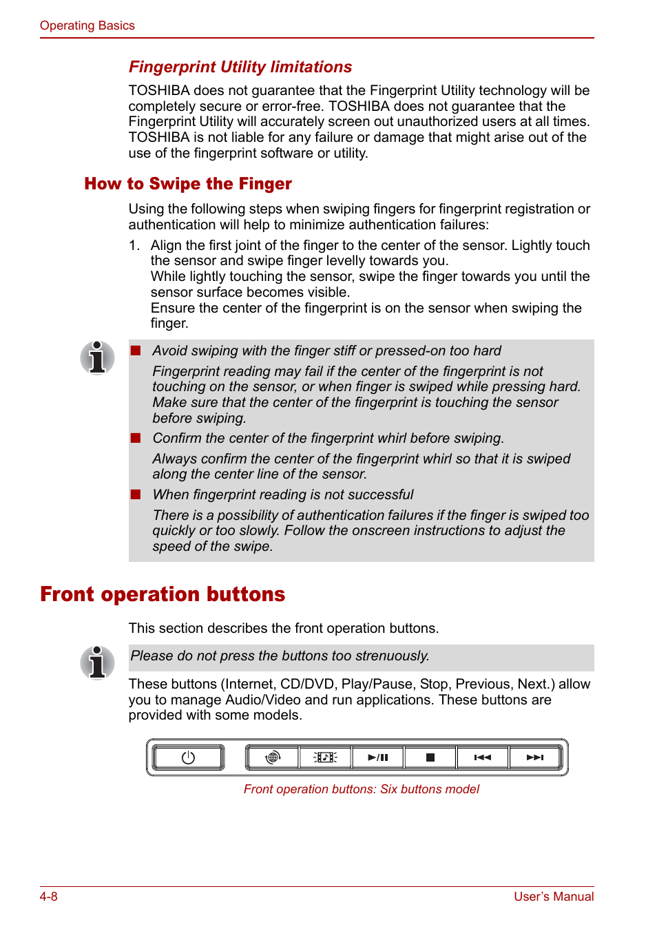 Front operation buttons, Front operation buttons -8, Section in | How to swipe the finger | Toshiba Satellite Pro U200 User Manual | Page 76 / 236