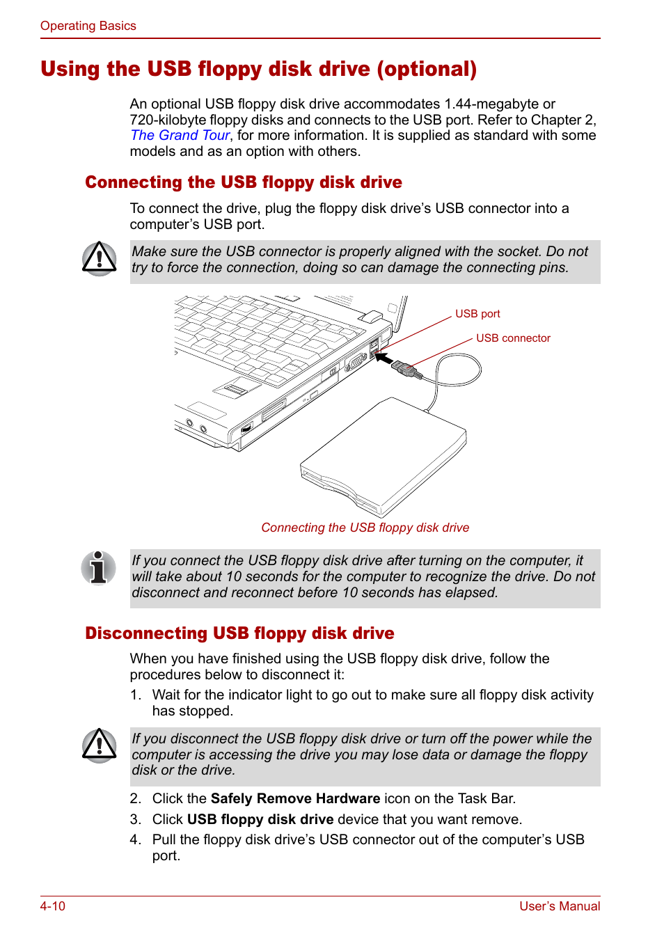 Using the usb floppy disk drive (optional), Using the usb floppy disk drive (optional) -10, Connecting the usb floppy disk drive | Disconnecting usb floppy disk drive | Toshiba Satellite Pro U200 User Manual | Page 78 / 236