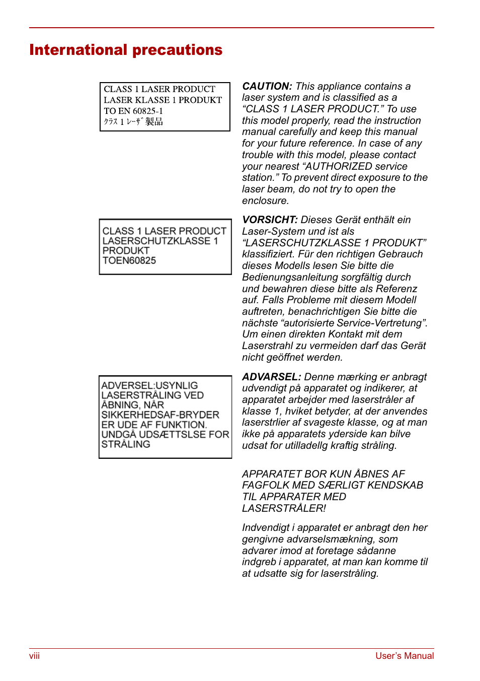 International precautions | Toshiba Satellite Pro U200 User Manual | Page 8 / 236