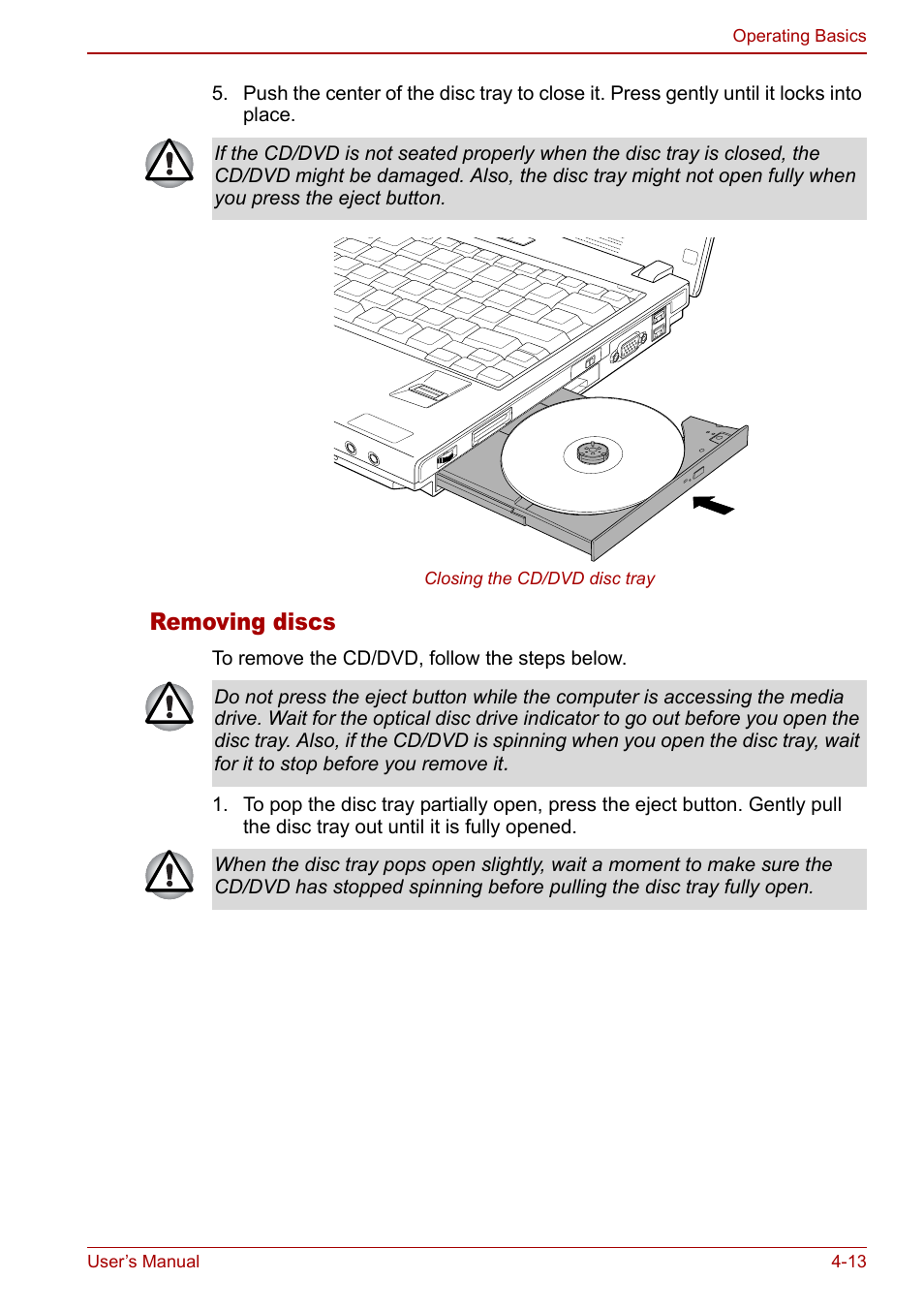 Removing discs | Toshiba Satellite Pro U200 User Manual | Page 81 / 236