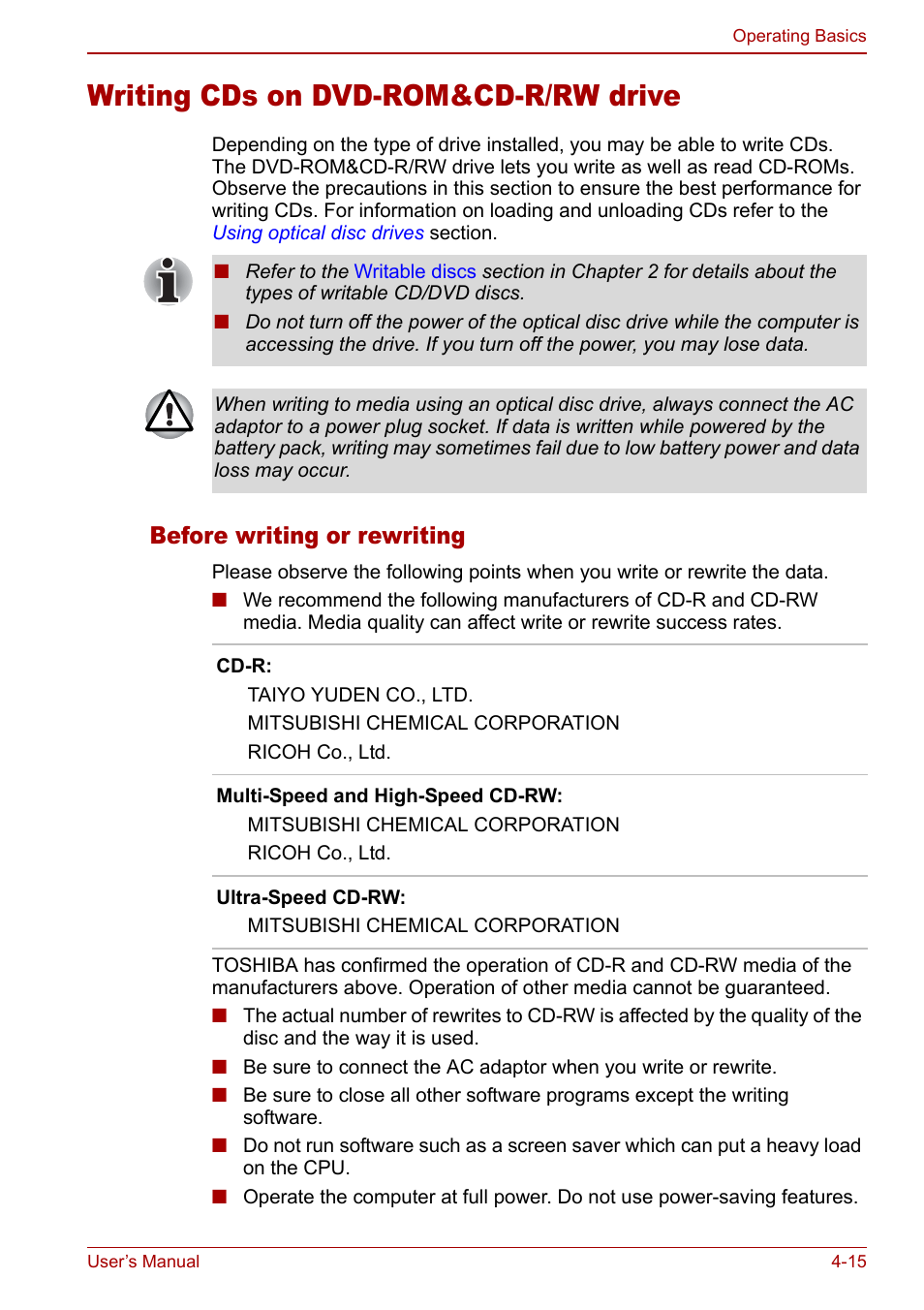 Writing cds on dvd-rom&cd-r/rw drive, Writing cds on dvd-rom&cd-r/rw drive -15, Writing cds on | Dvd-rom&cd-r/rw drive, Before writing or rewriting | Toshiba Satellite Pro U200 User Manual | Page 83 / 236