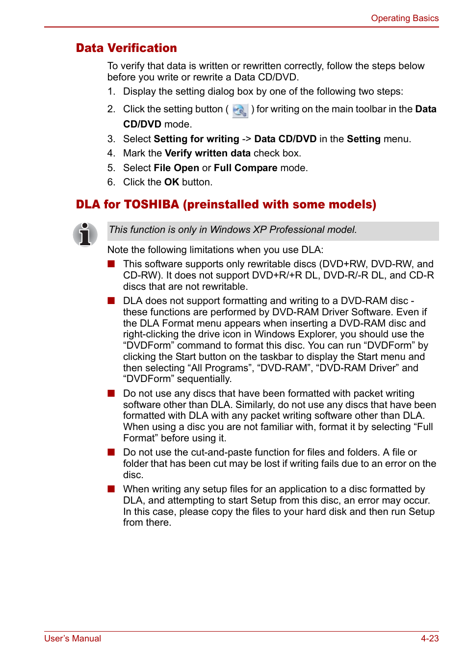 Data verification, Dla for toshiba (preinstalled with some models) | Toshiba Satellite Pro U200 User Manual | Page 91 / 236