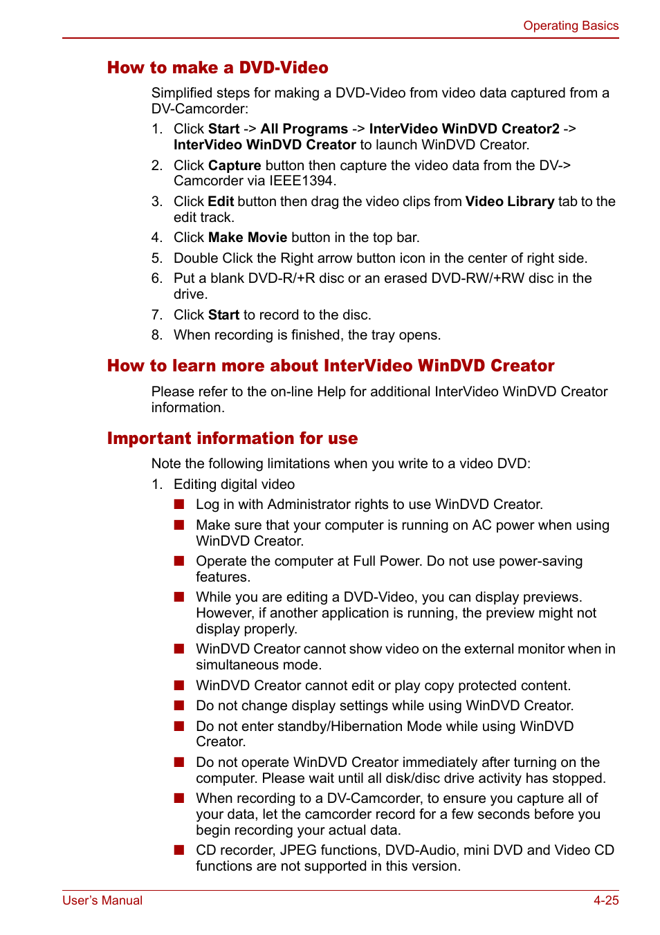 How to make a dvd-video, How to learn more about intervideo windvd creator, Important information for use | Toshiba Satellite Pro U200 User Manual | Page 93 / 236