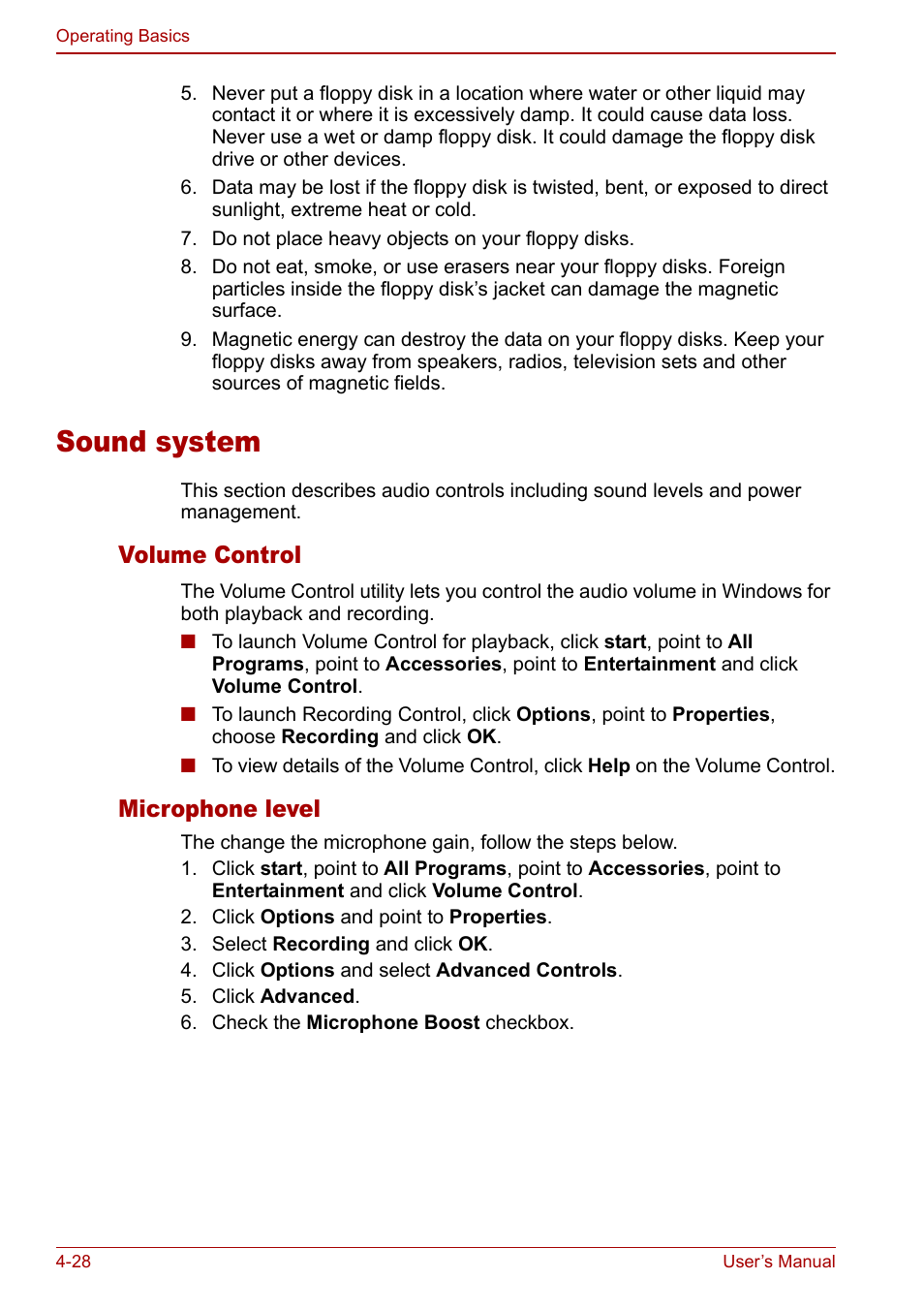Sound system, Sound system -28, Volume control | Microphone level | Toshiba Satellite Pro U200 User Manual | Page 96 / 236
