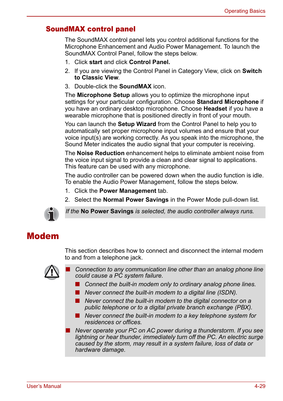 Modem, Modem -29, Soundmax control panel | Toshiba Satellite Pro U200 User Manual | Page 97 / 236