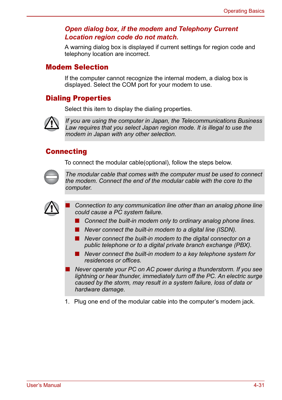 Modem selection, Dialing properties, Connecting | Toshiba Satellite Pro U200 User Manual | Page 99 / 236