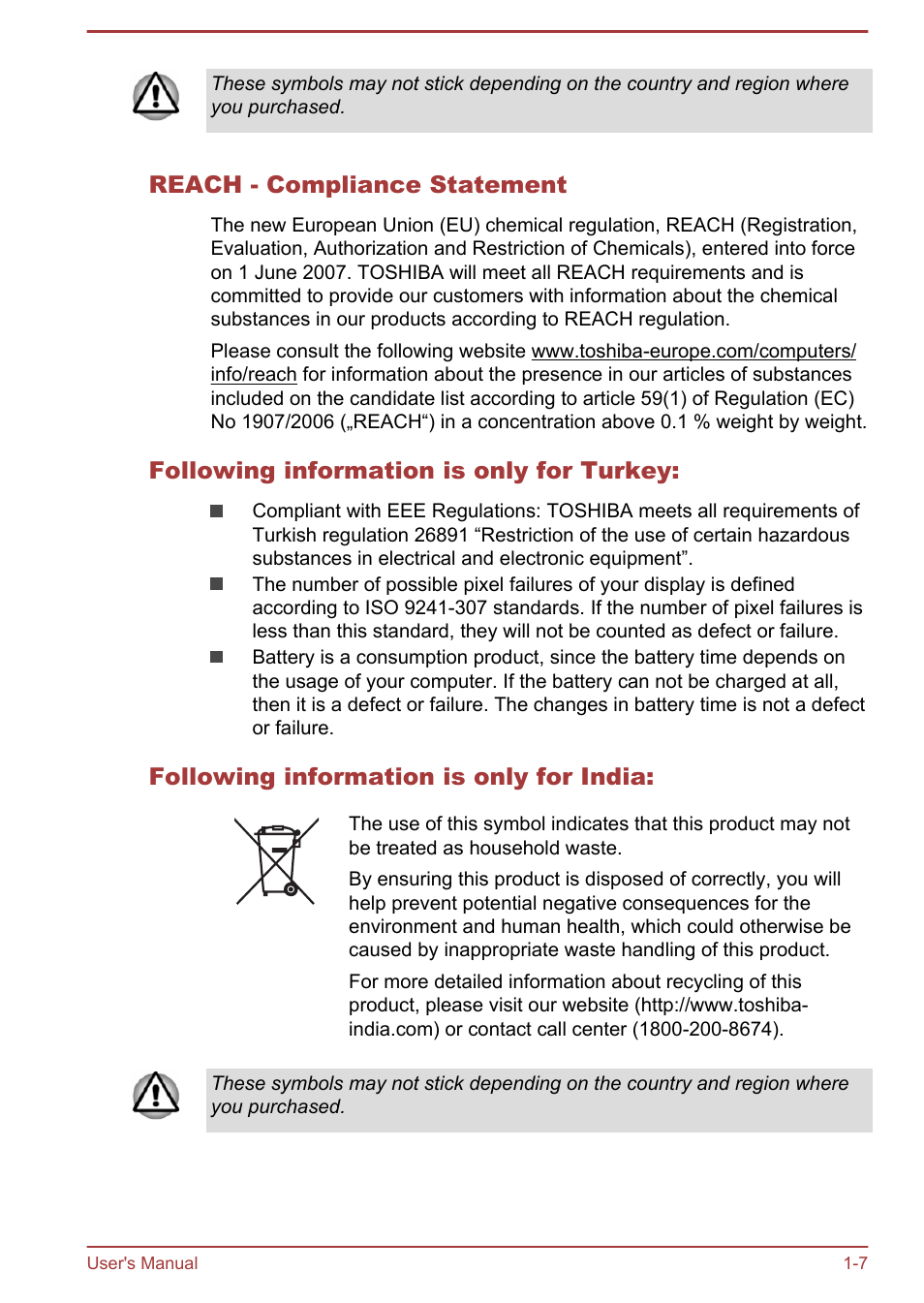 Reach - compliance statement, Following information is only for turkey, Following information is only for india | Toshiba Satellite Pro A50-A User Manual | Page 10 / 165