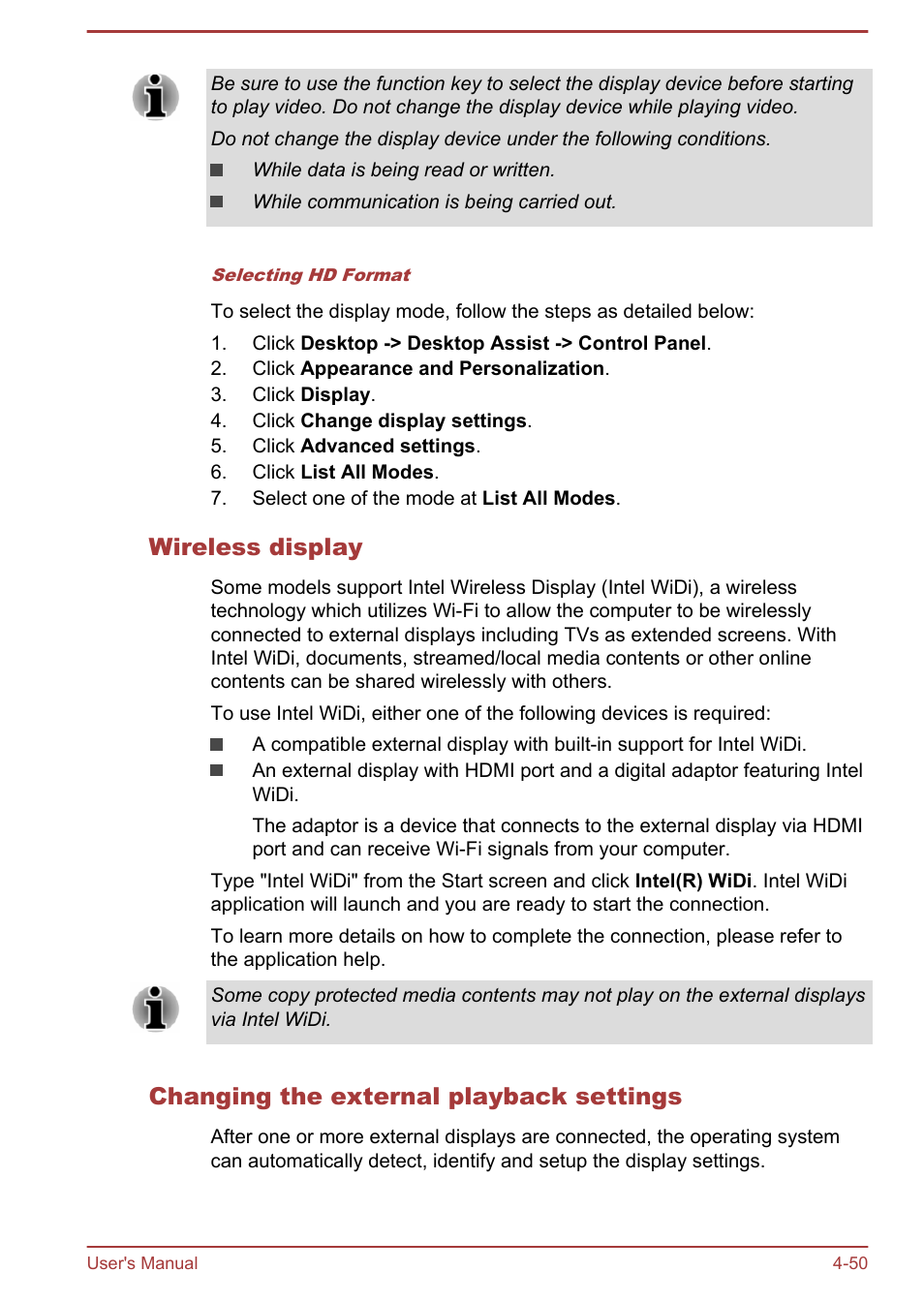 Wireless display, Changing the external playback settings | Toshiba Satellite Pro A50-A User Manual | Page 102 / 165