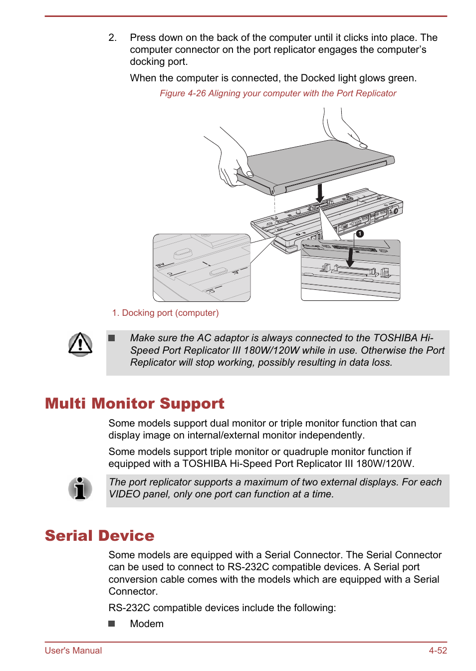 Multi monitor support, Serial device, Multi monitor support -52 serial device -52 | Toshiba Satellite Pro A50-A User Manual | Page 104 / 165