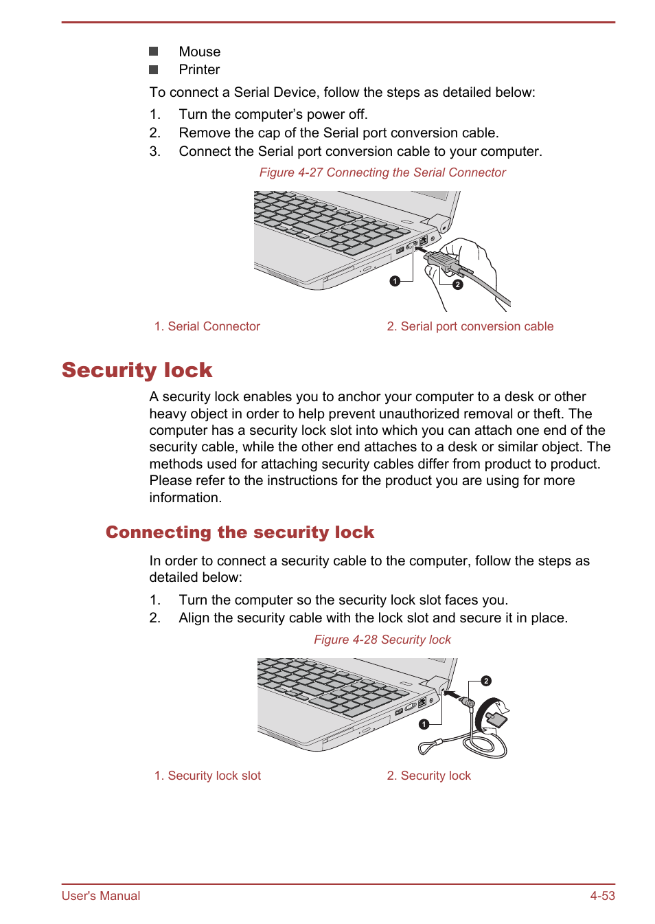 Security lock, Connecting the security lock, Security lock -53 | Toshiba Satellite Pro A50-A User Manual | Page 105 / 165