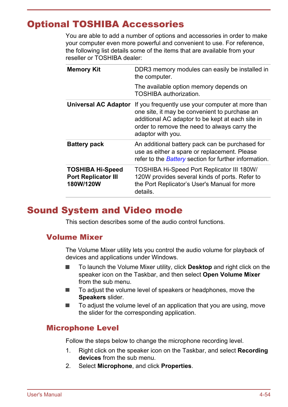 Optional toshiba accessories, Sound system and video mode, Volume mixer | Microphone level | Toshiba Satellite Pro A50-A User Manual | Page 106 / 165