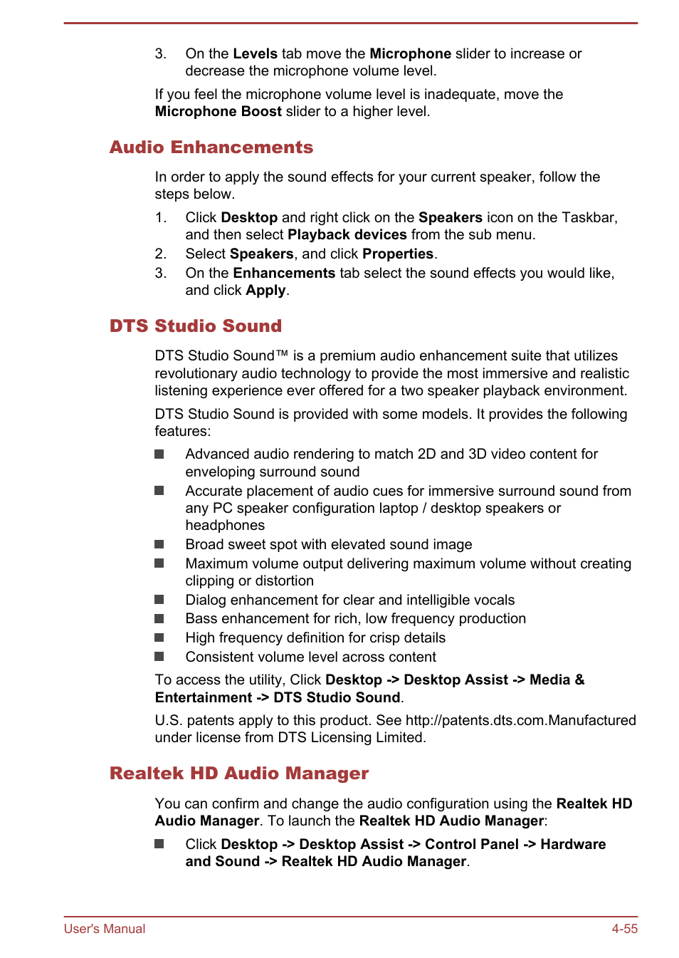 Audio enhancements, Dts studio sound, Realtek hd audio manager | Toshiba Satellite Pro A50-A User Manual | Page 107 / 165