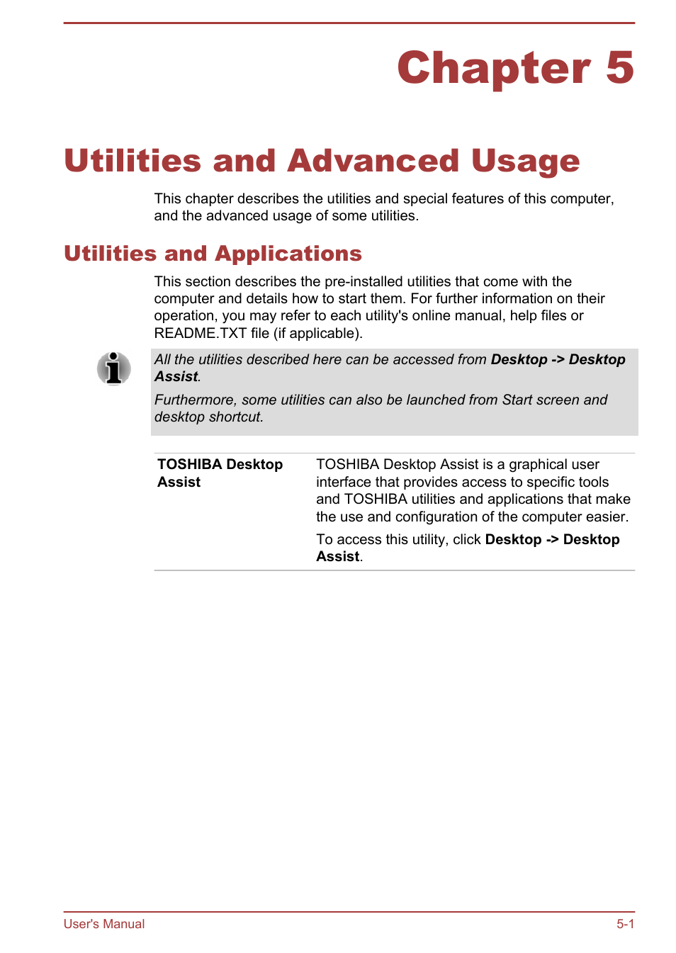 Chapter 5 utilities and advanced usage, Utilities and applications, Chapter 5 | Utilities and advanced usage, Utilities and applications -1 | Toshiba Satellite Pro A50-A User Manual | Page 109 / 165