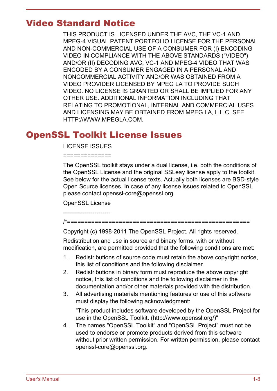 Video standard notice, Openssl toolkit license issues | Toshiba Satellite Pro A50-A User Manual | Page 11 / 165