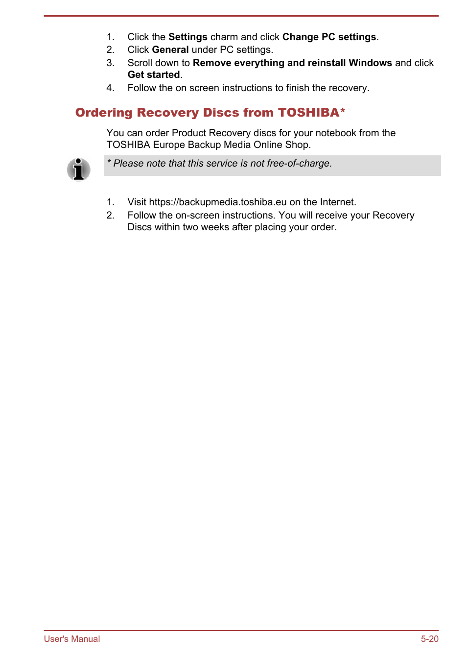 Ordering recovery discs from toshiba | Toshiba Satellite Pro A50-A User Manual | Page 128 / 165