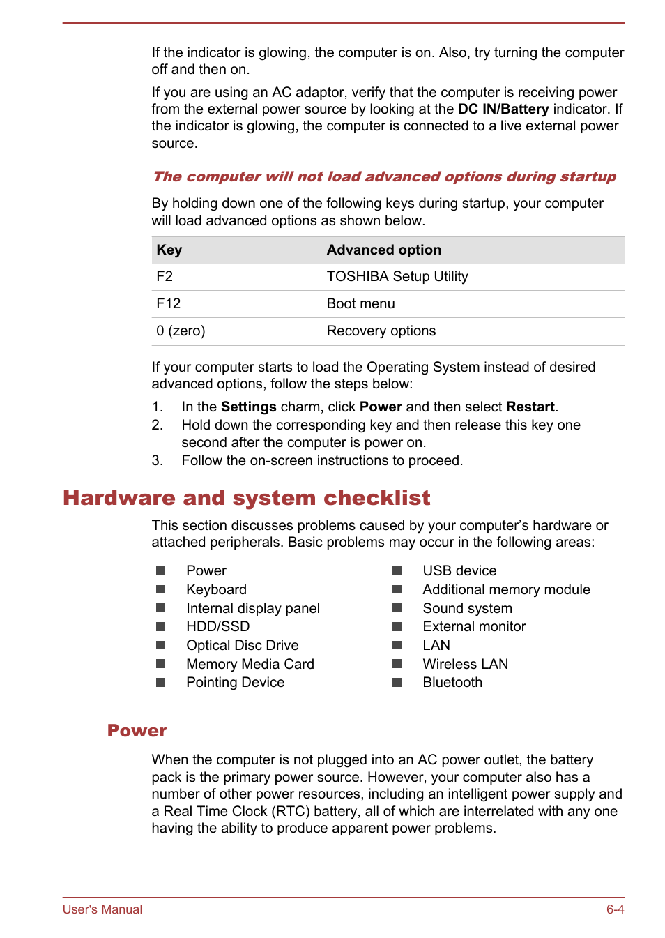 Hardware and system checklist, Power, Hardware and system checklist -4 | Toshiba Satellite Pro A50-A User Manual | Page 132 / 165