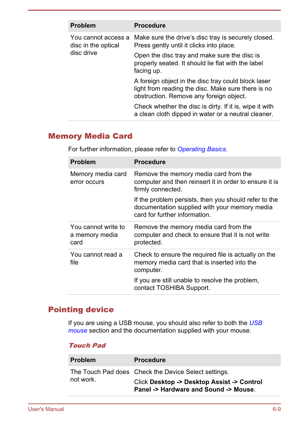 Memory media card, Pointing device | Toshiba Satellite Pro A50-A User Manual | Page 137 / 165