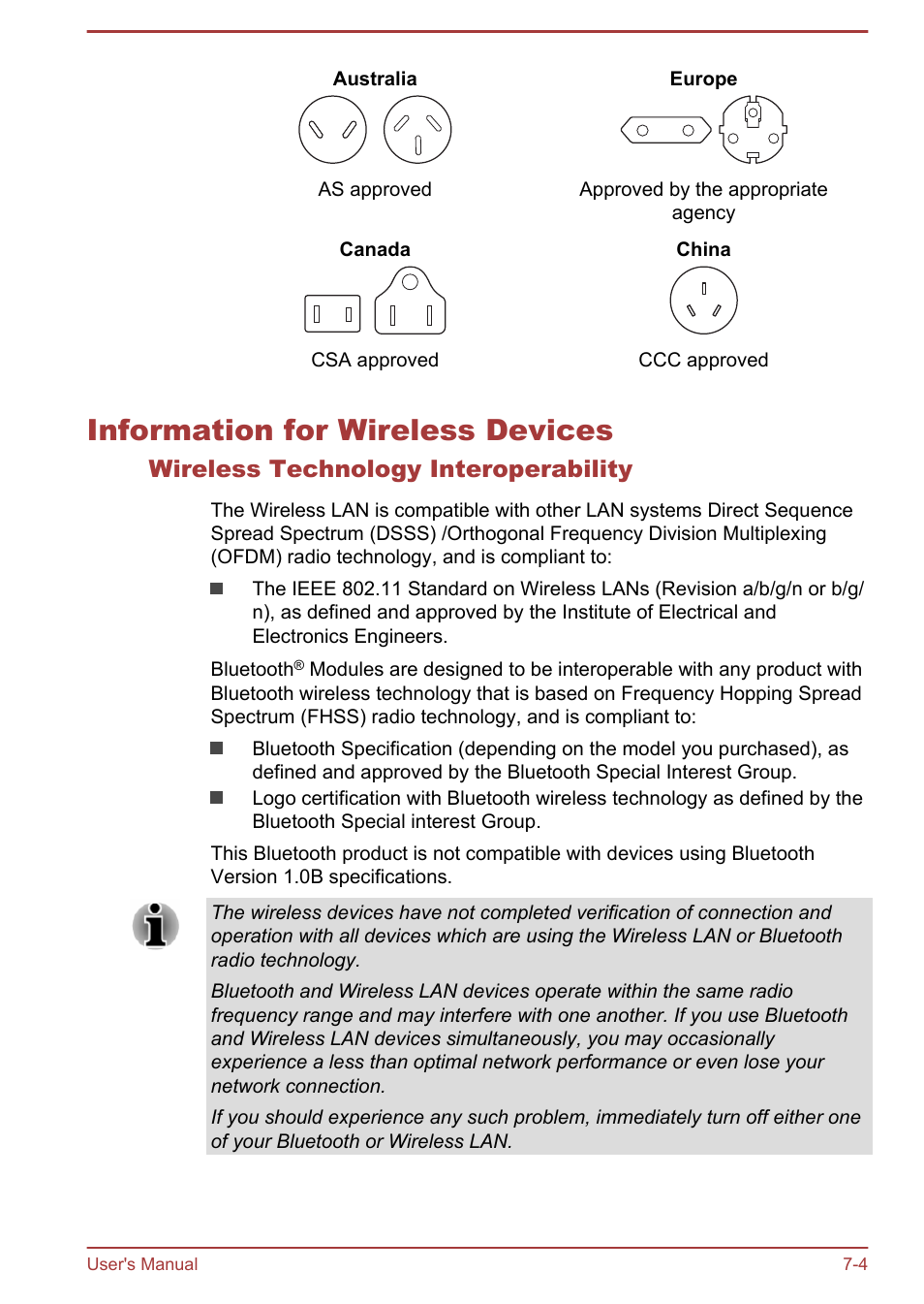 Information for wireless devices, Wireless technology interoperability, Information for wireless devices -4 | Toshiba Satellite Pro A50-A User Manual | Page 148 / 165