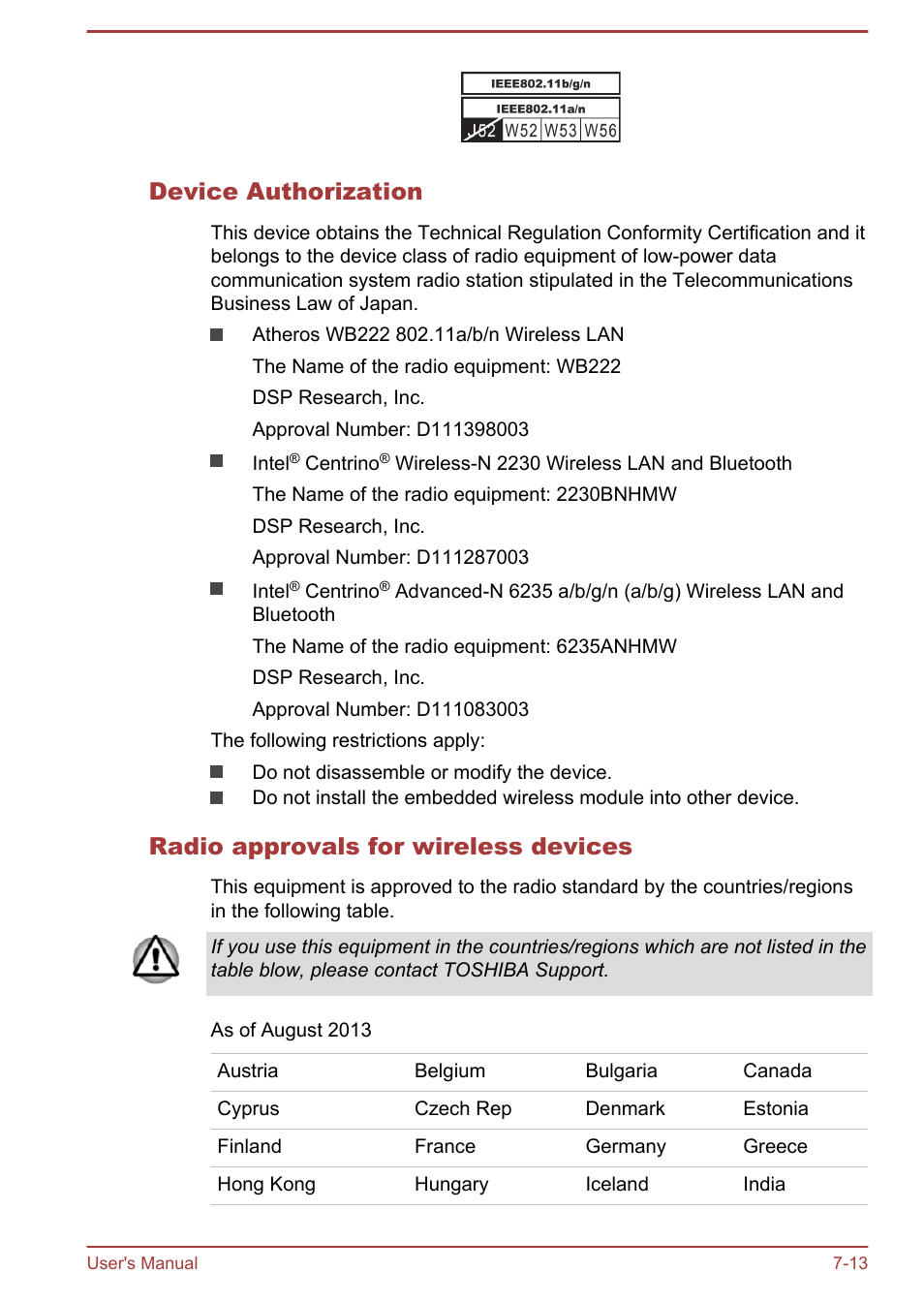 Device authorization, Radio approvals for wireless devices | Toshiba Satellite Pro A50-A User Manual | Page 157 / 165
