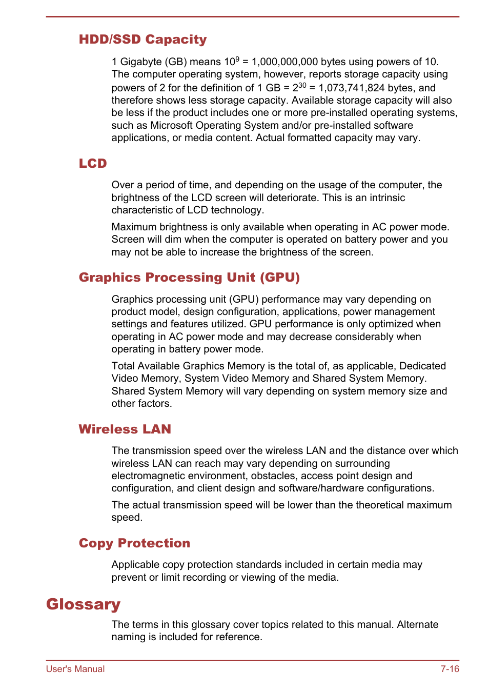 Hdd/ssd capacity, Graphics processing unit (gpu), Wireless lan | Copy protection, Glossary, Glossary -16 | Toshiba Satellite Pro A50-A User Manual | Page 160 / 165