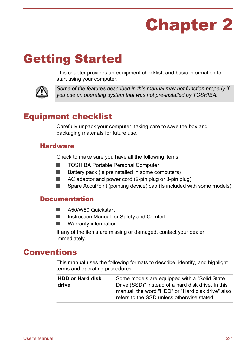 Chapter 2 getting started, Equipment checklist, Hardware | Documentation, Conventions, Chapter 2, Getting started, Equipment checklist -1 conventions -1 | Toshiba Satellite Pro A50-A User Manual | Page 23 / 165