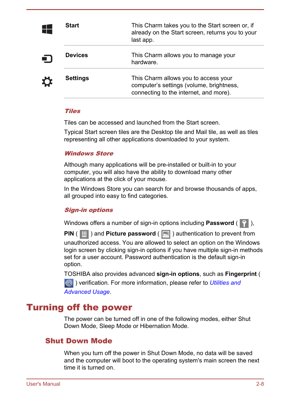 Turning off the power, Shut down mode, Turning off the power -8 | Toshiba Satellite Pro A50-A User Manual | Page 30 / 165