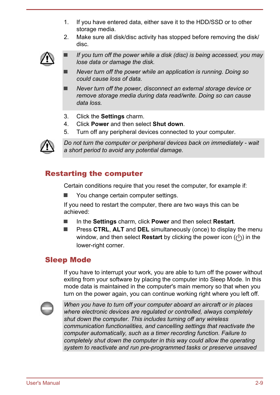 Restarting the computer, Sleep mode | Toshiba Satellite Pro A50-A User Manual | Page 31 / 165