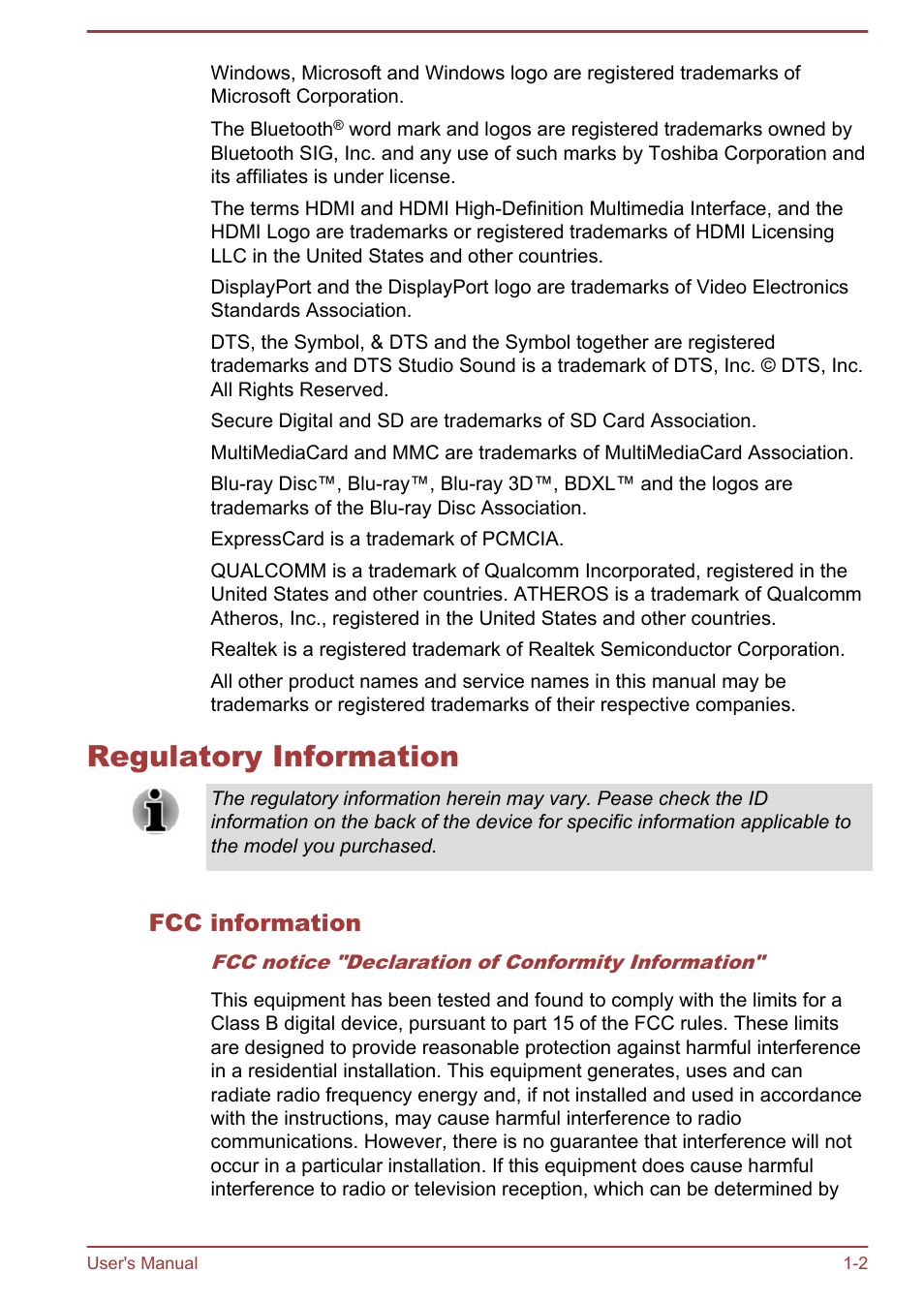 Regulatory information, Fcc information, Regulatory information -2 | Toshiba Satellite Pro A50-A User Manual | Page 5 / 165