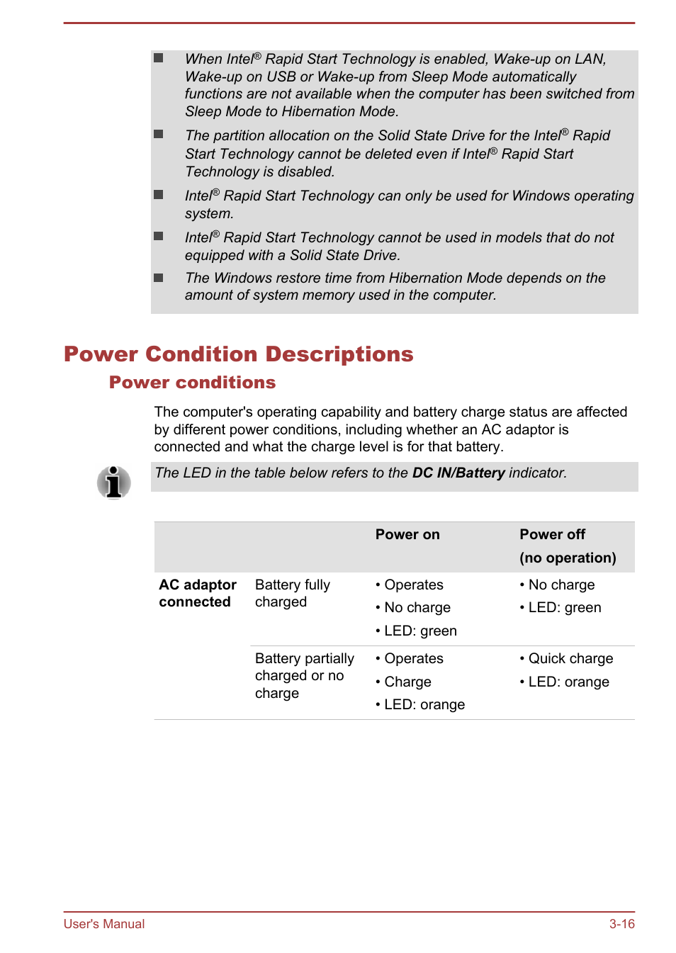 Power condition descriptions, Power conditions, Power condition descriptions -16 | Toshiba Satellite Pro A50-A User Manual | Page 50 / 165