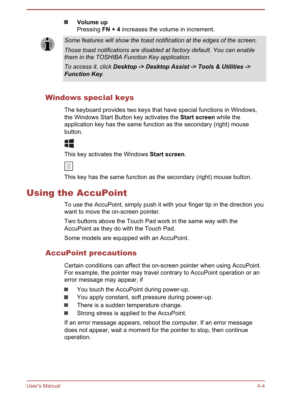 Windows special keys, Using the accupoint, Accupoint precautions | Using the accupoint -4 | Toshiba Satellite Pro A50-A User Manual | Page 56 / 165