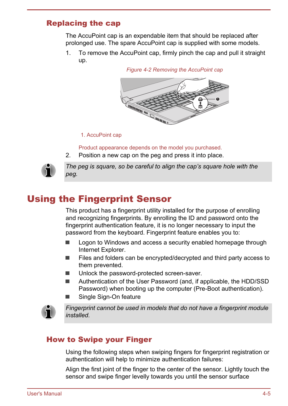 Replacing the cap, Using the fingerprint sensor, How to swipe your finger | Using the fingerprint sensor -5 | Toshiba Satellite Pro A50-A User Manual | Page 57 / 165