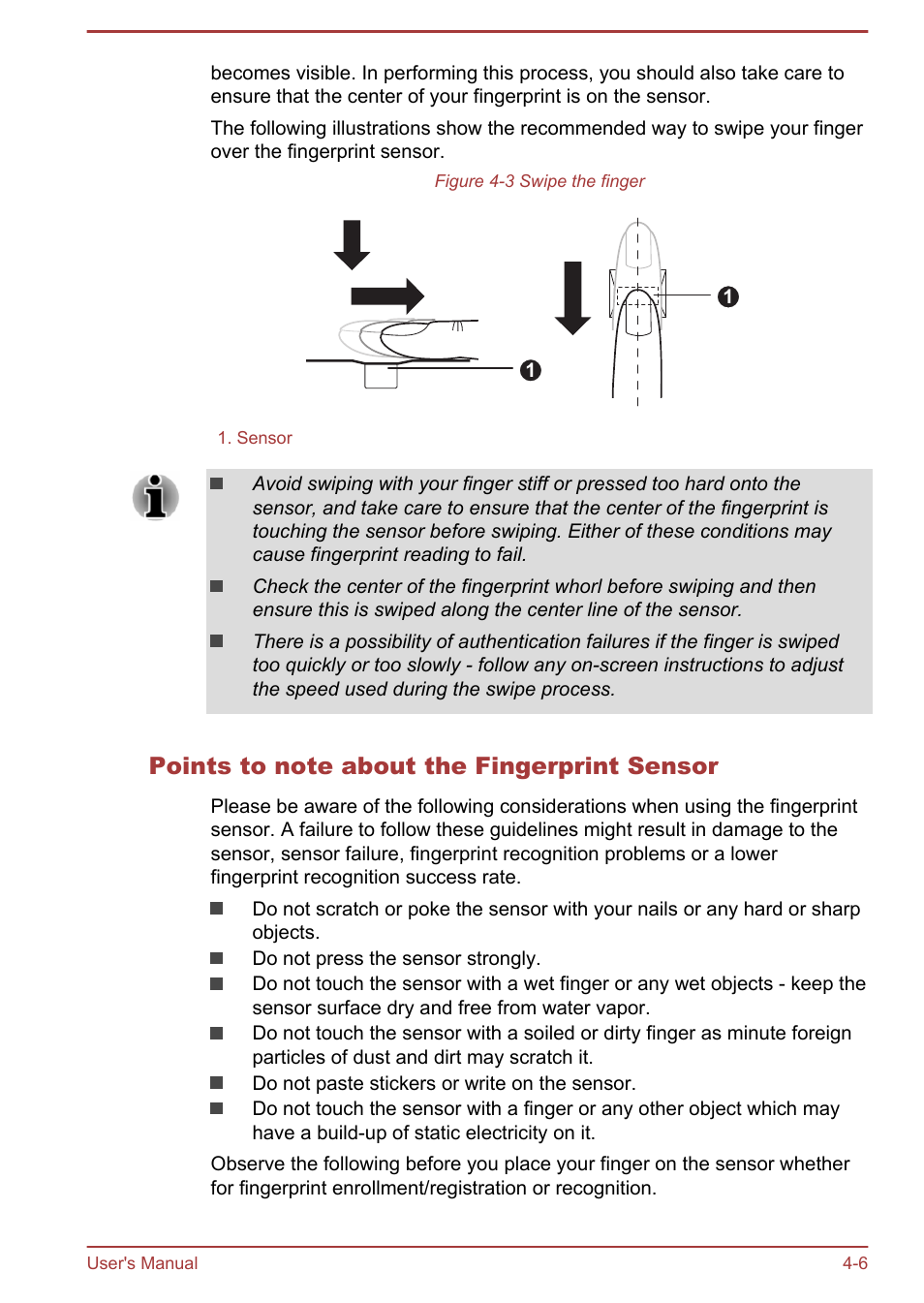 Points to note about the fingerprint sensor | Toshiba Satellite Pro A50-A User Manual | Page 58 / 165