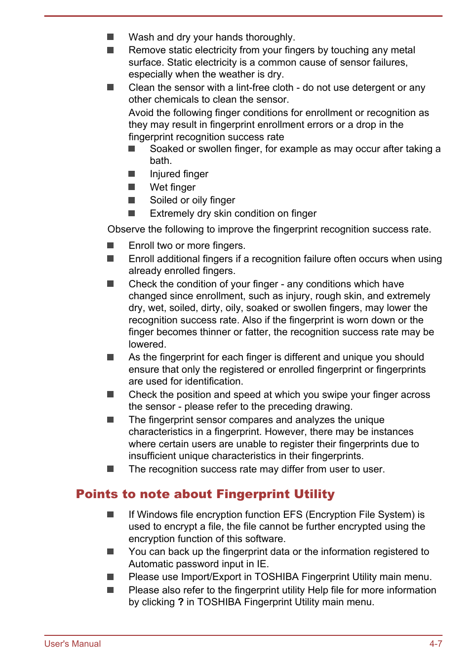 Points to note about fingerprint utility | Toshiba Satellite Pro A50-A User Manual | Page 59 / 165