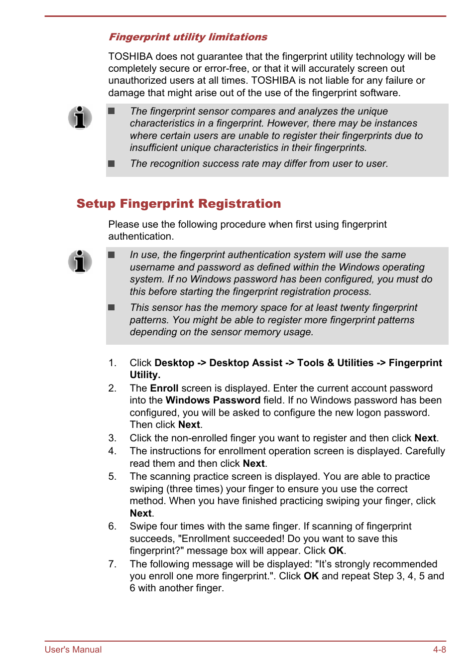 Setup fingerprint registration | Toshiba Satellite Pro A50-A User Manual | Page 60 / 165