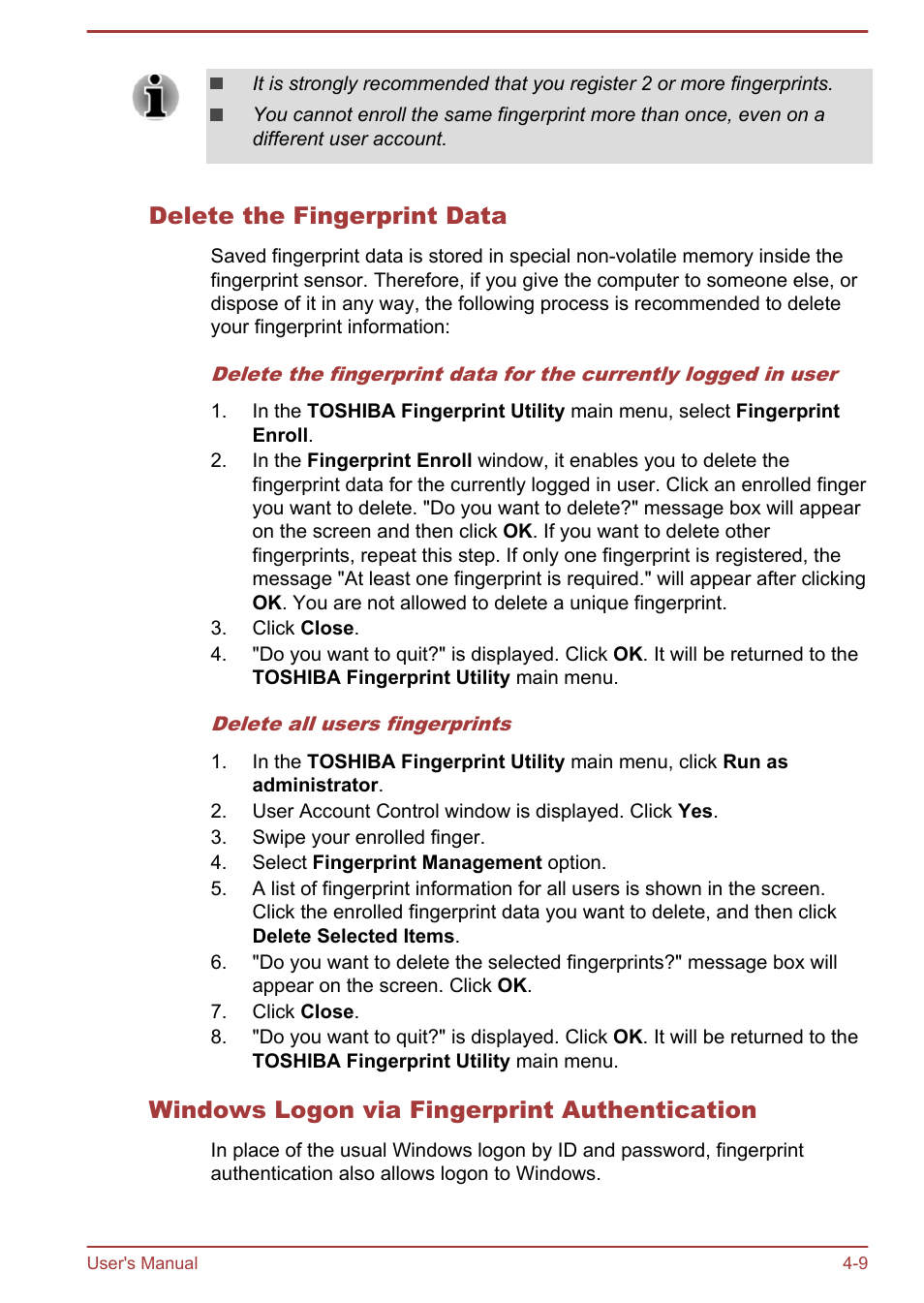 Delete the fingerprint data, Windows logon via fingerprint authentication | Toshiba Satellite Pro A50-A User Manual | Page 61 / 165